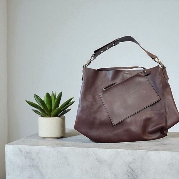 AllSaints Captain N/S Brown Leather Silver Hardware Shoulder Large Tote Bag EUC - Picture 1 of 15